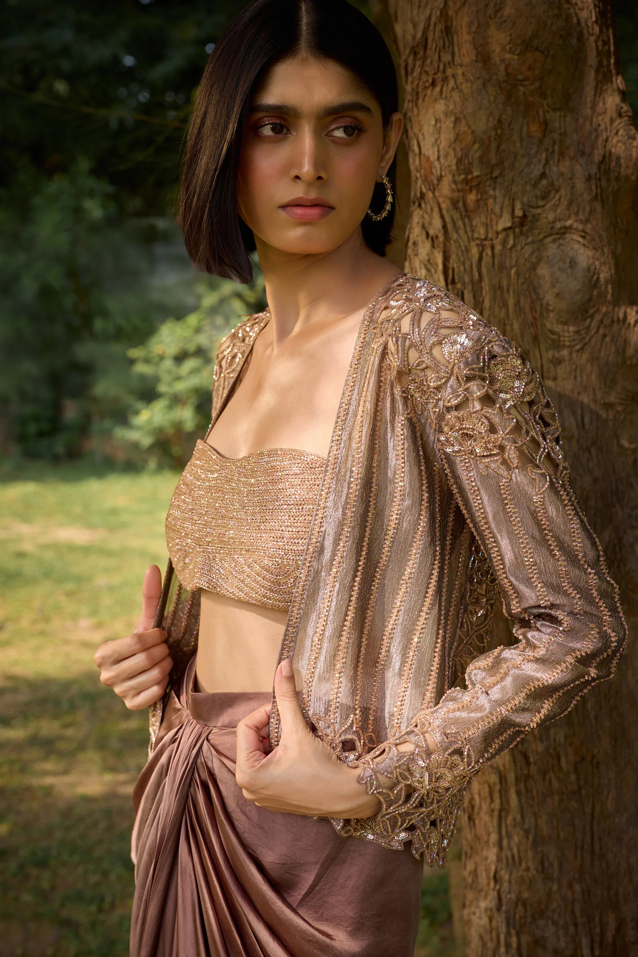 Bronze Cut Work Jacket With Draped Skirt - Radhika Soni