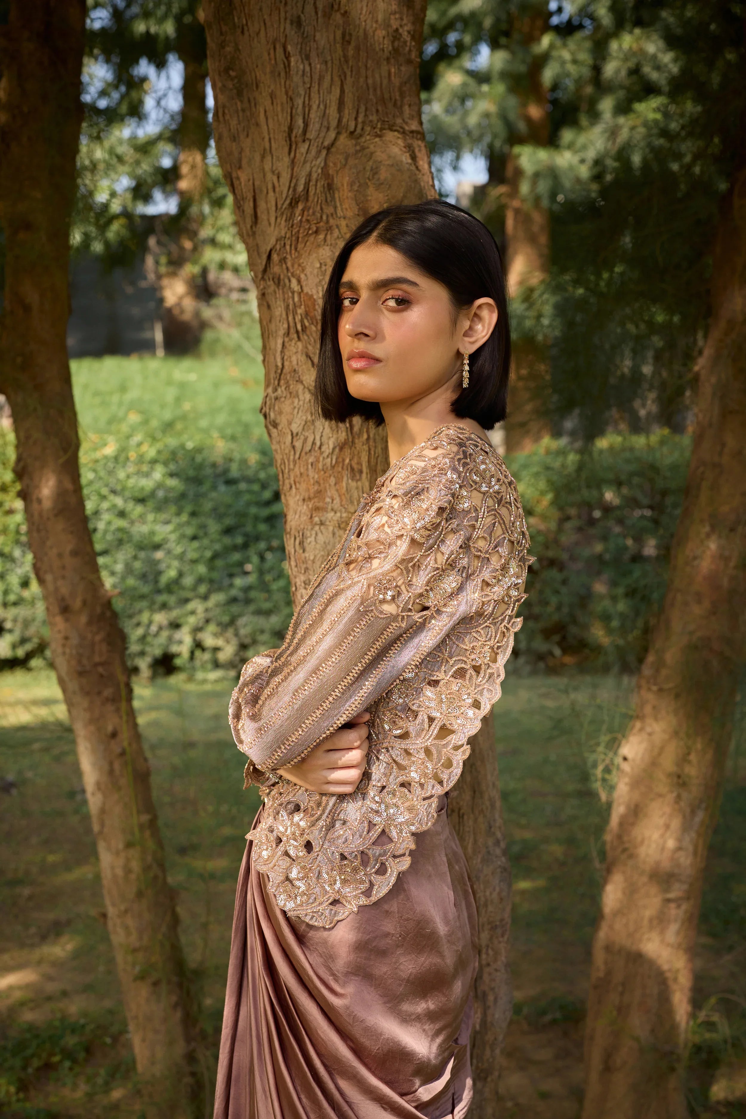 Bronze Cut Work Jacket With Draped Skirt - Radhika Soni