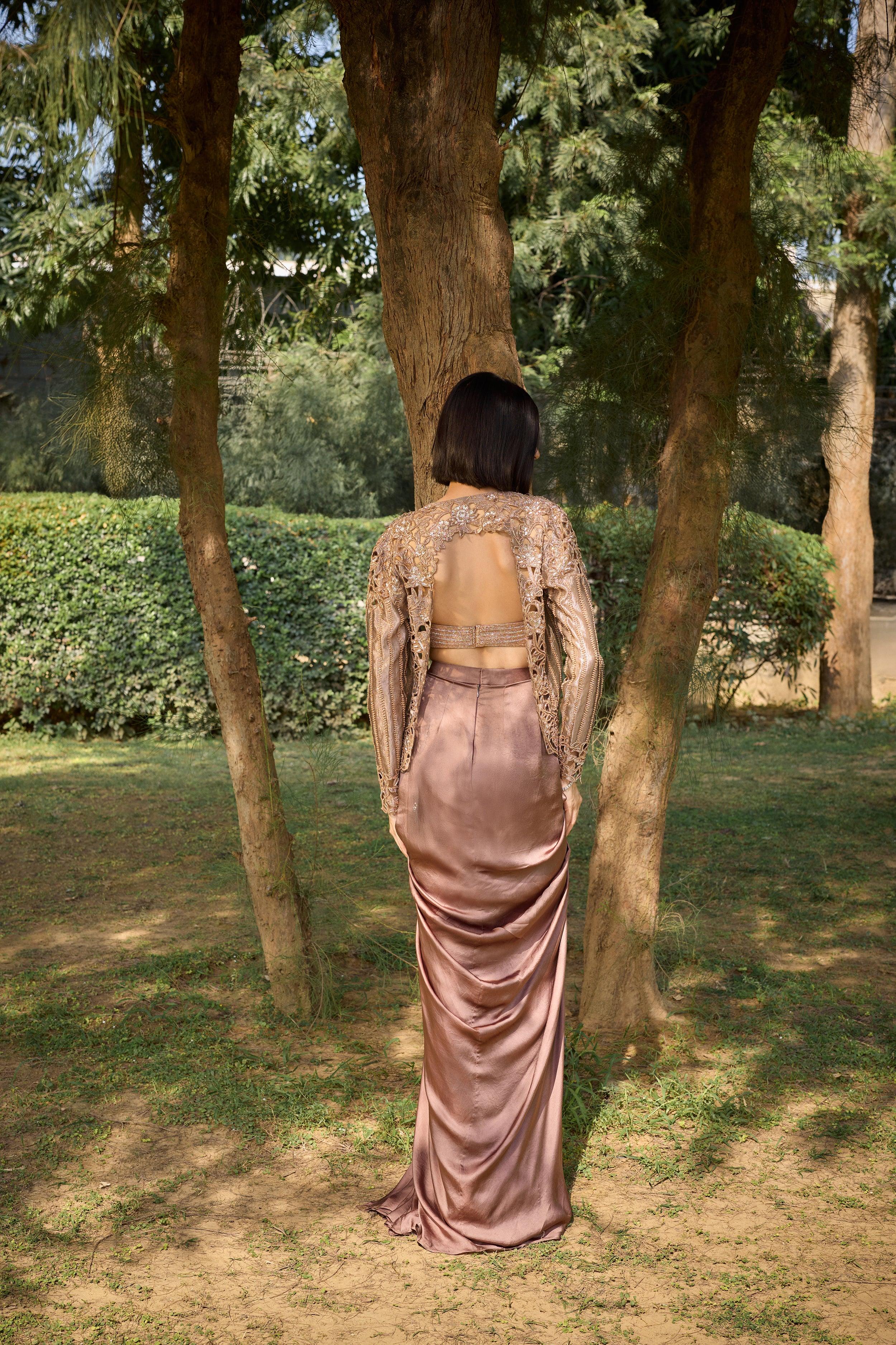 Bronze Cut Work Jacket With Draped Skirt - Radhika Soni