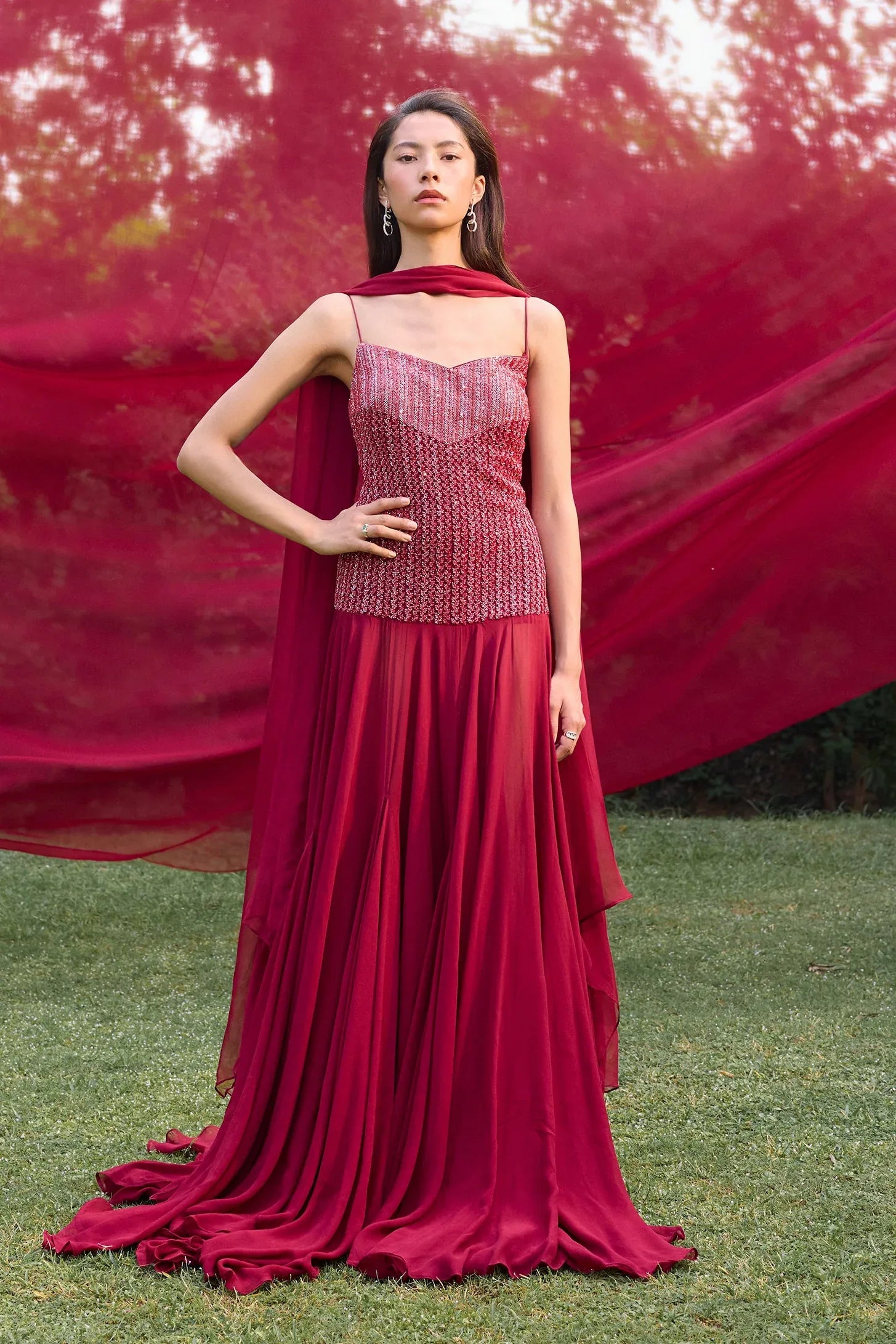 Ruby Red Asymmetrical Anarkali - Radhika Soni