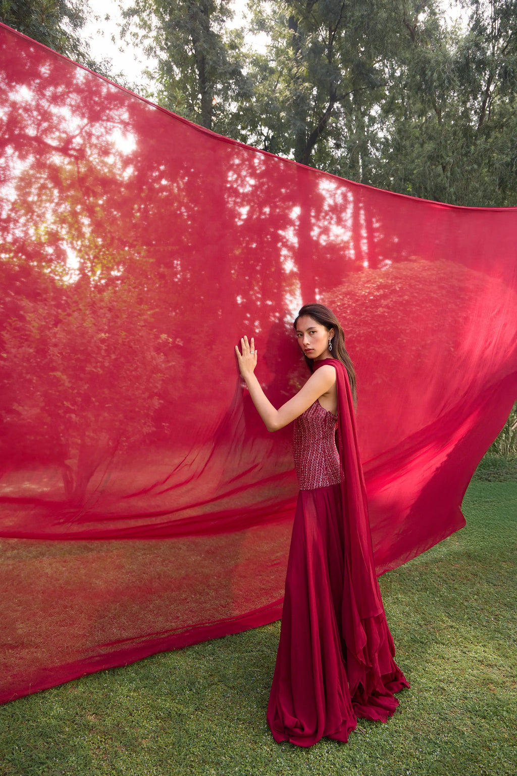 Ruby Red Asymmetrical Anarkali - Radhika Soni