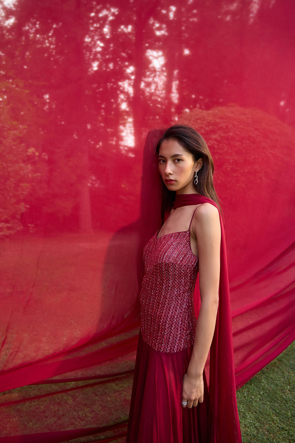 Ruby Red Asymmetrical Anarkali - Radhika Soni