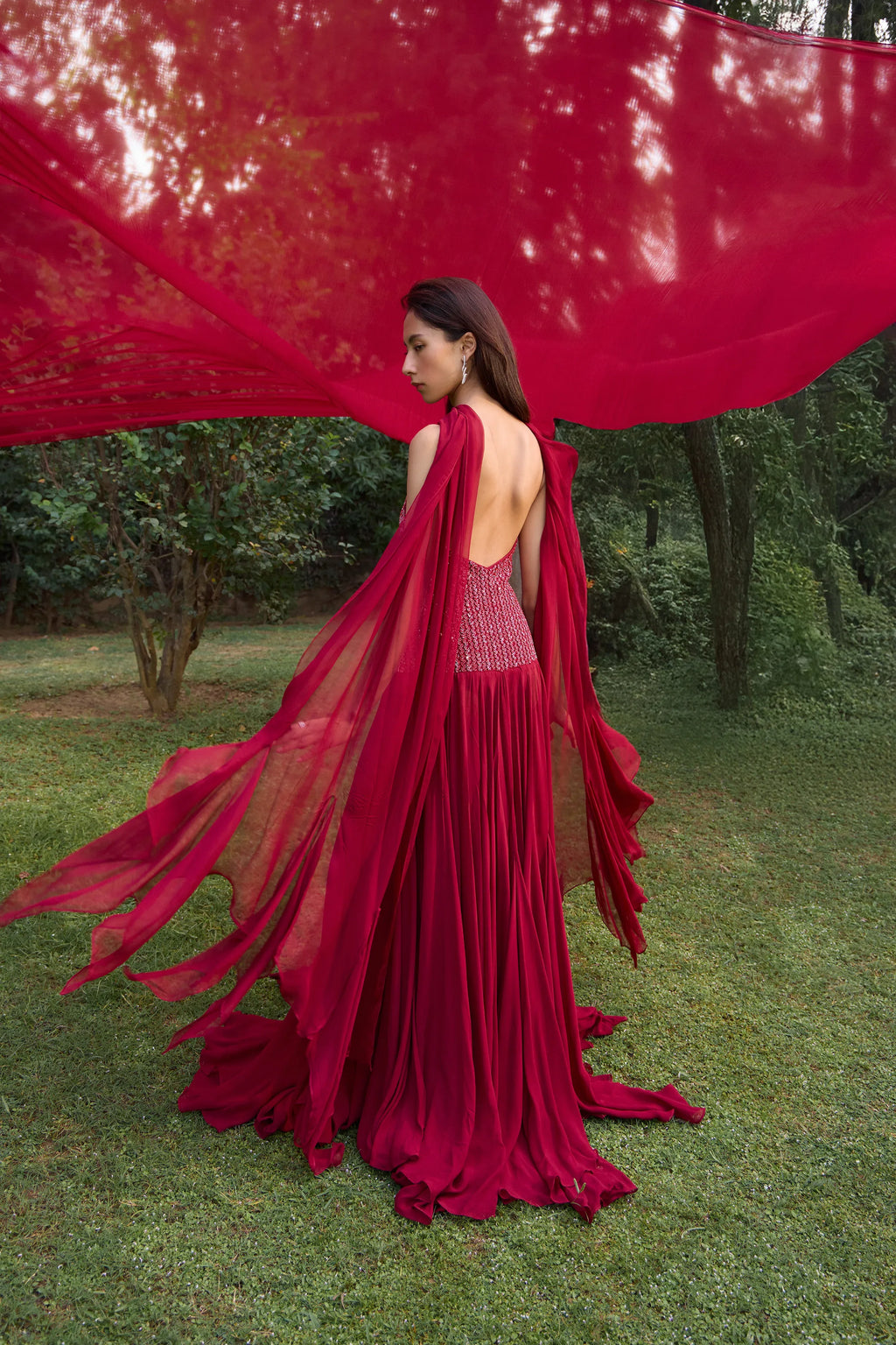 Ruby Red Asymmetrical Anarkali - Radhika Soni
