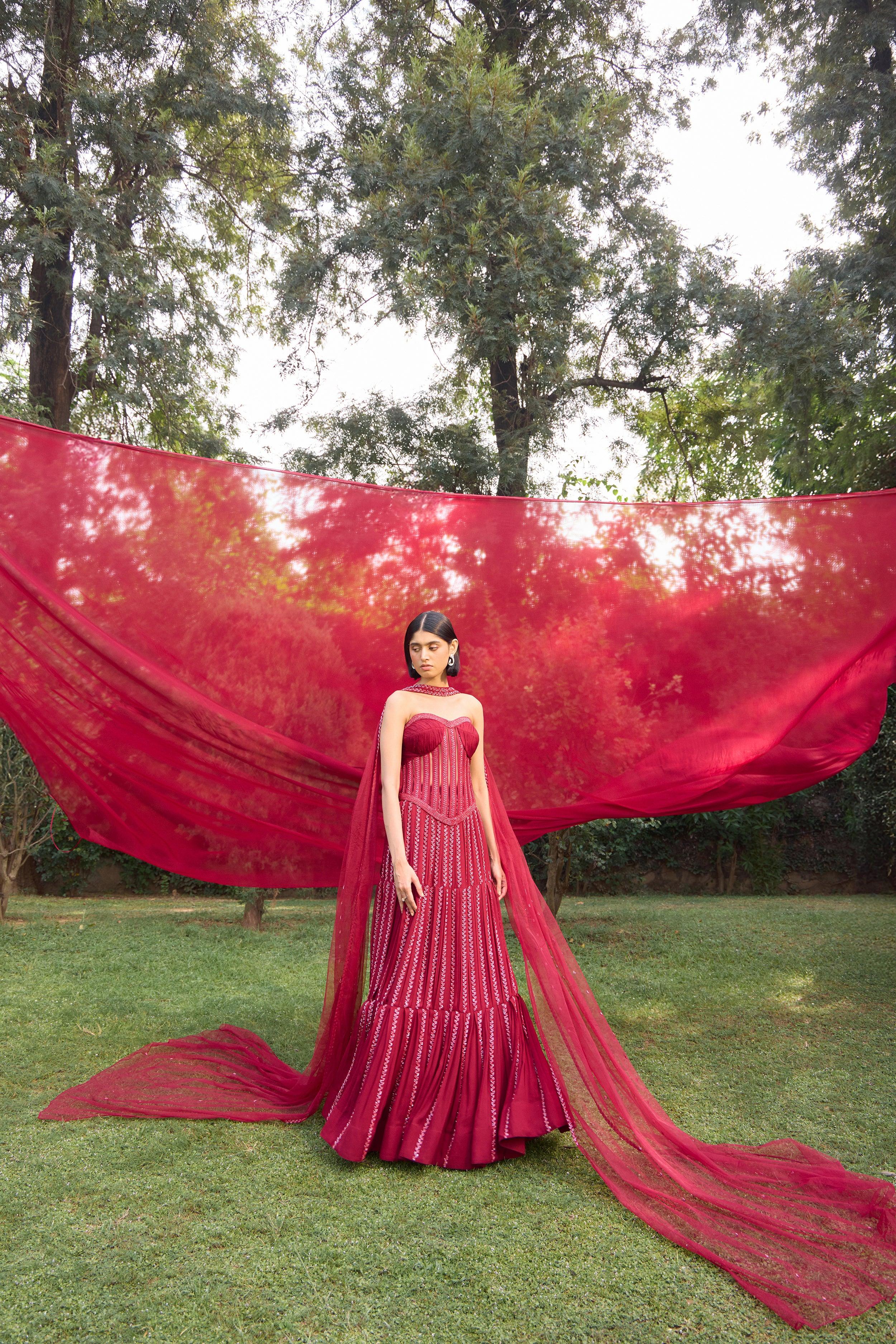 Ruby Red Corset With Box Pleat Lehenga - Radhika Soni