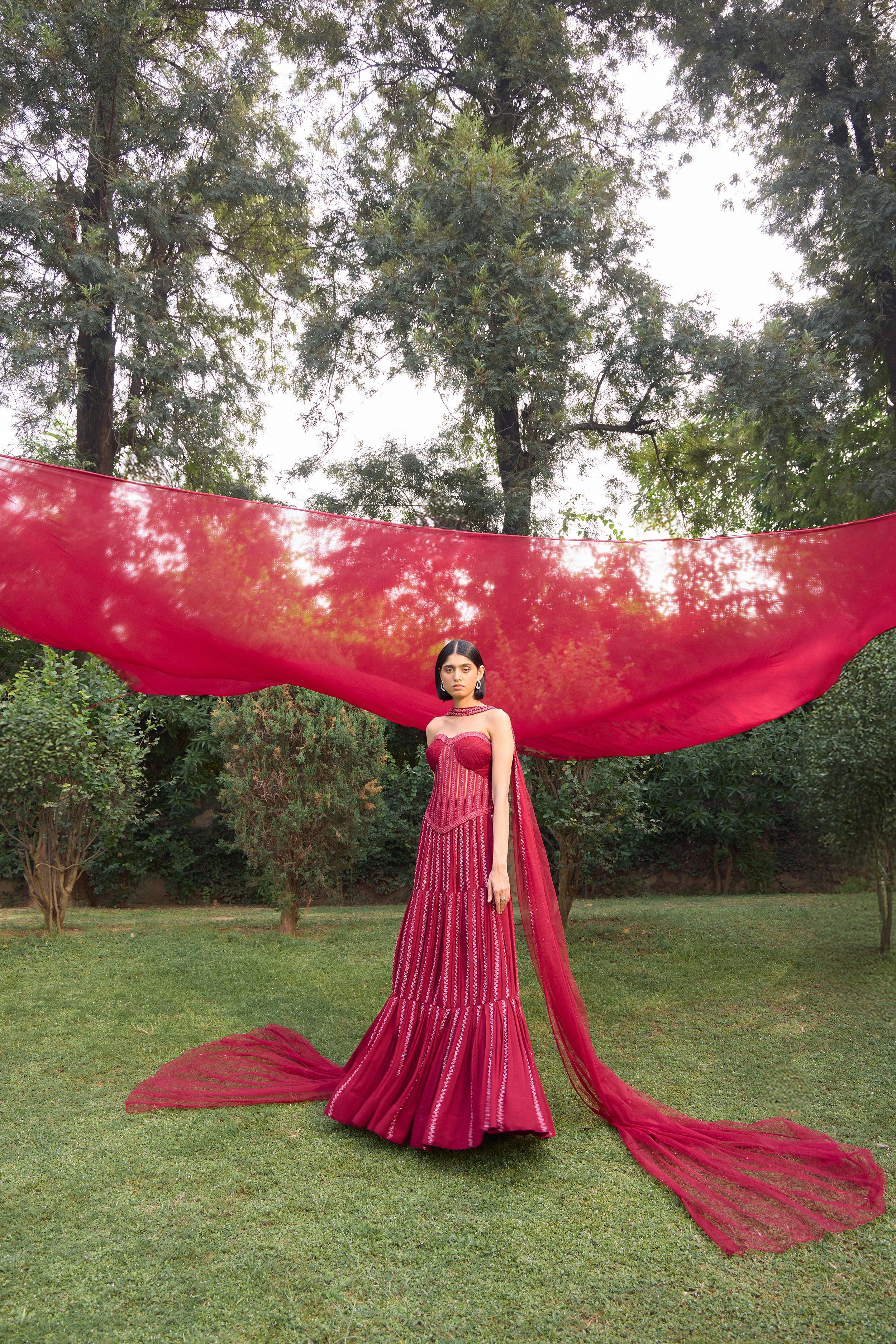 Ruby Red Corset With Box Pleat Lehenga - Radhika Soni