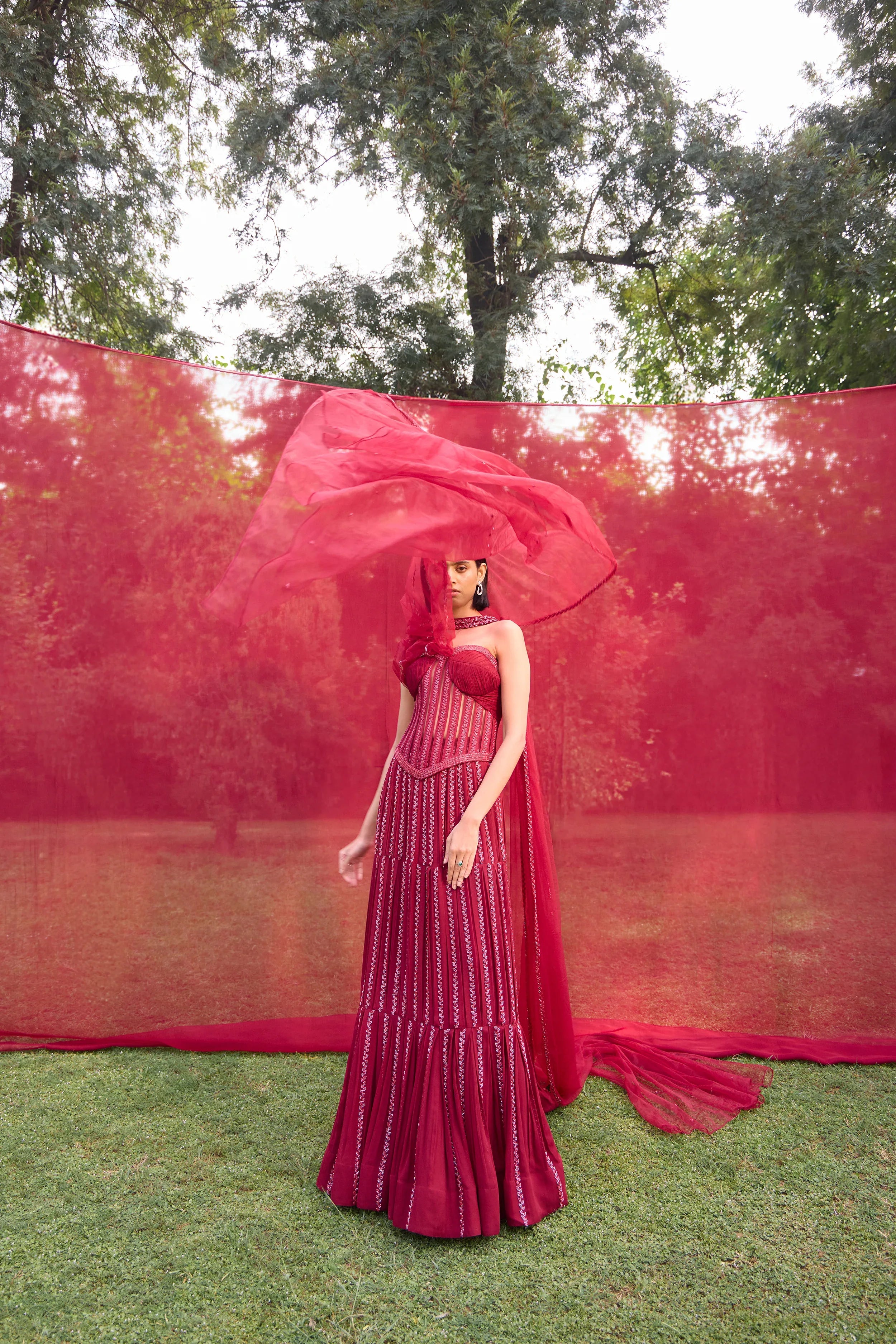 Ruby Red Corset With Box Pleat Lehenga - Radhika Soni