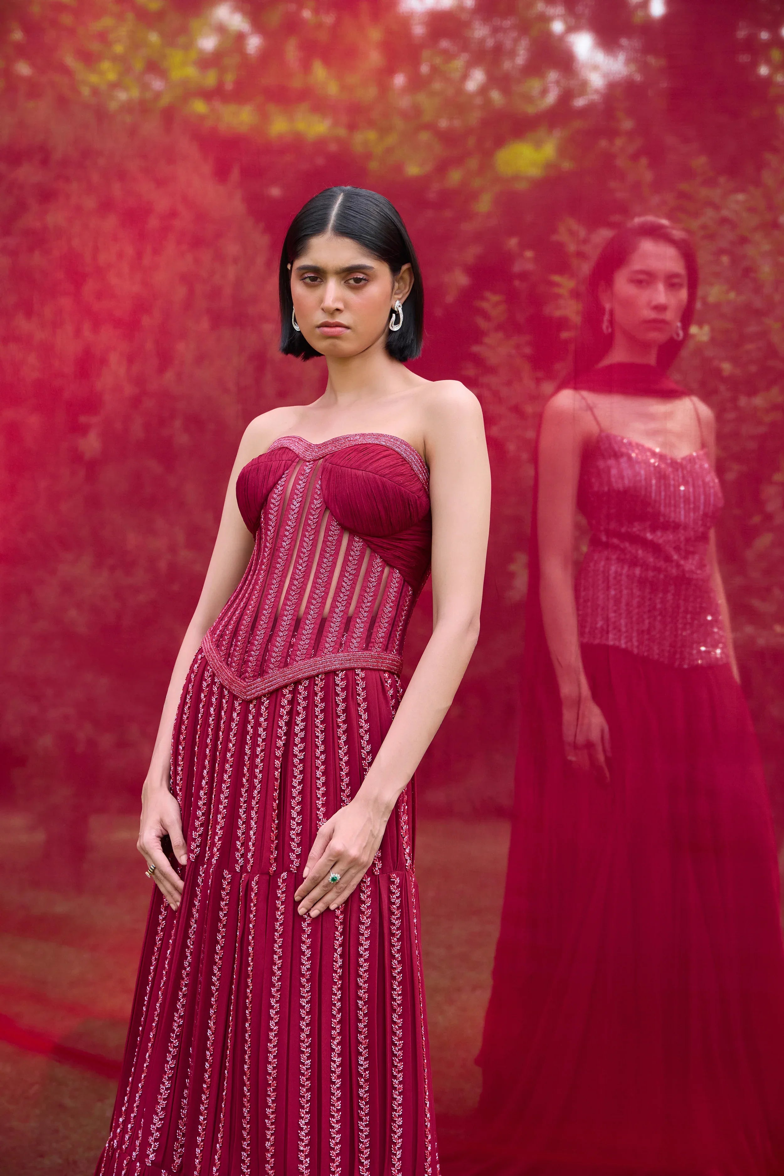 Ruby Red Corset With Box Pleat Lehenga - Radhika Soni