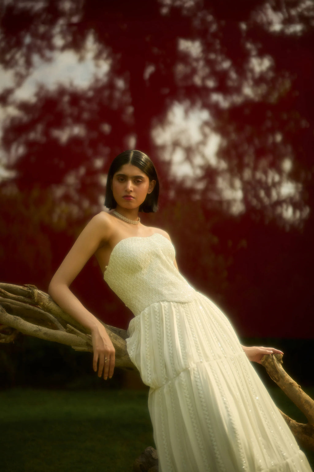 Pearl White Corset With Box Pleate Lehenga - Radhika Soni