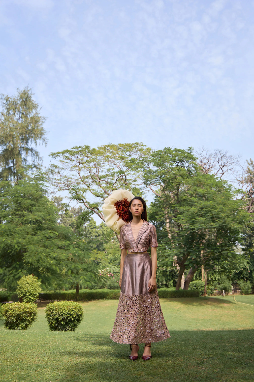 Bronze Cropped Blazer With Floral Midi Skirt - Radhika Soni