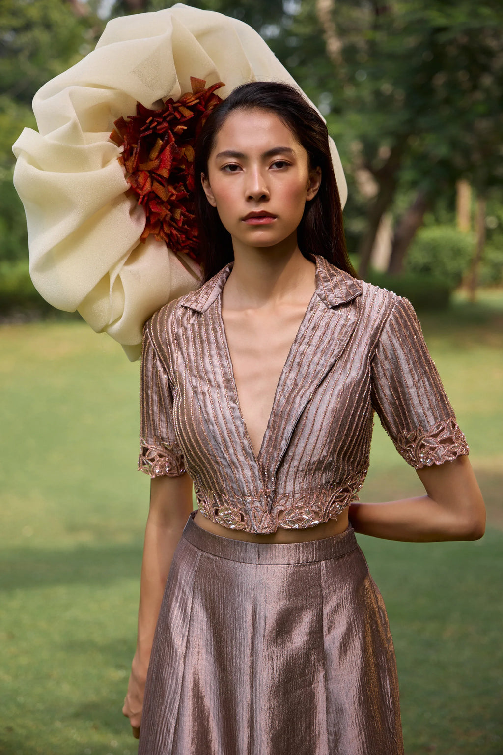 Bronze Cropped Blazer With Floral Midi Skirt - Radhika Soni