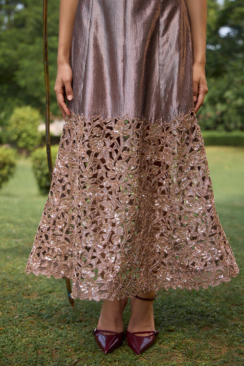 Bronze Cropped Blazer With Floral Midi Skirt - Radhika Soni
