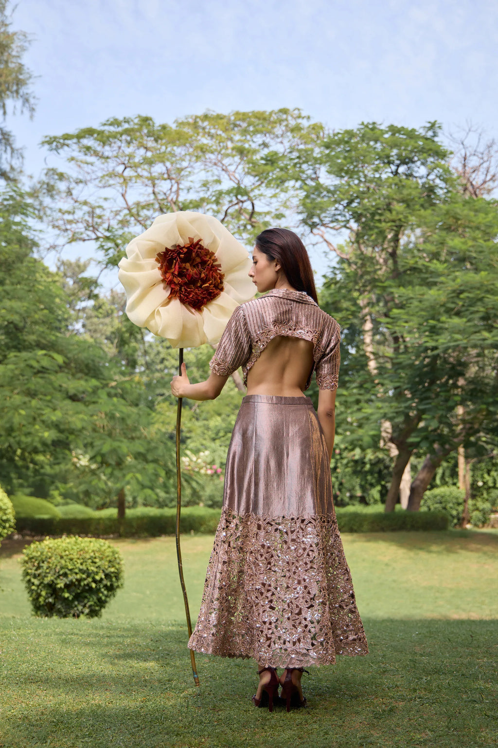 Bronze Cropped Blazer With Floral Midi Skirt - Radhika Soni