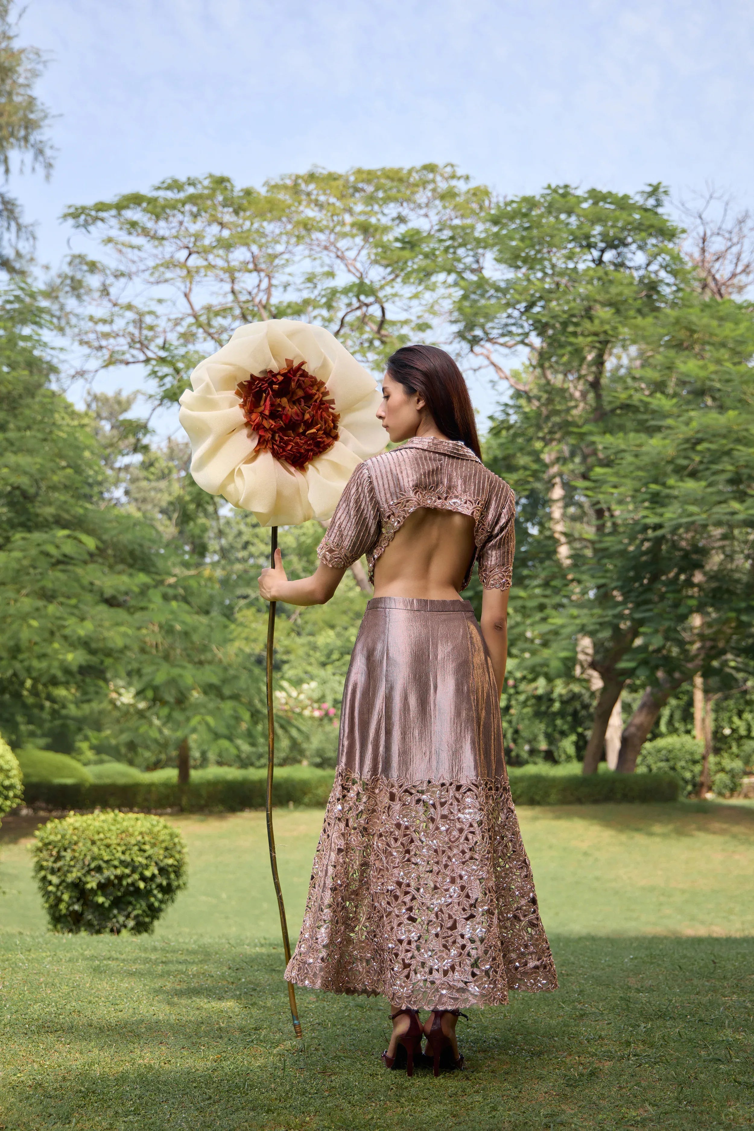 Bronze Cropped Blazer With Floral Midi Skirt - Radhika Soni