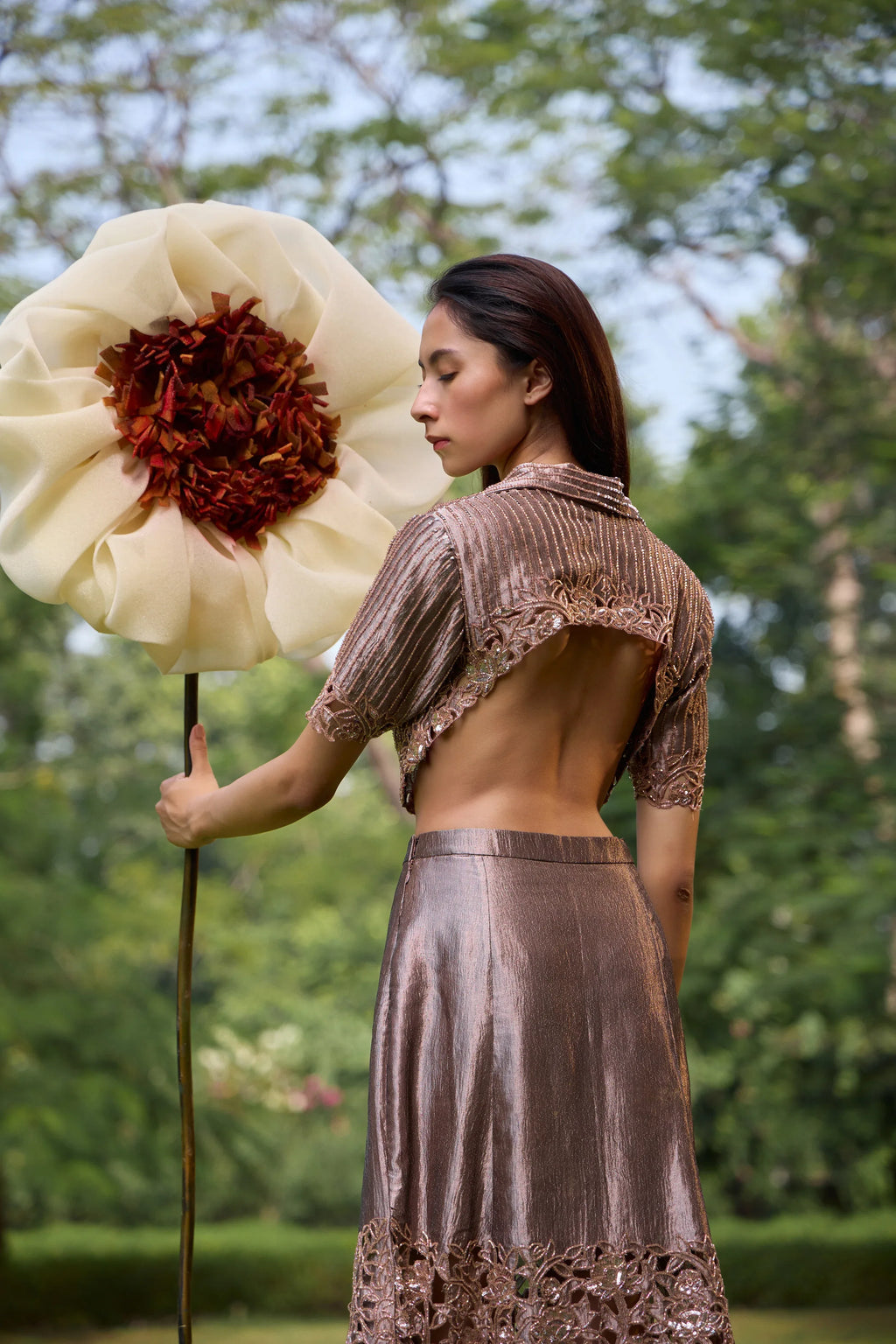 Bronze Cropped Blazer With Floral Midi Skirt - Radhika Soni