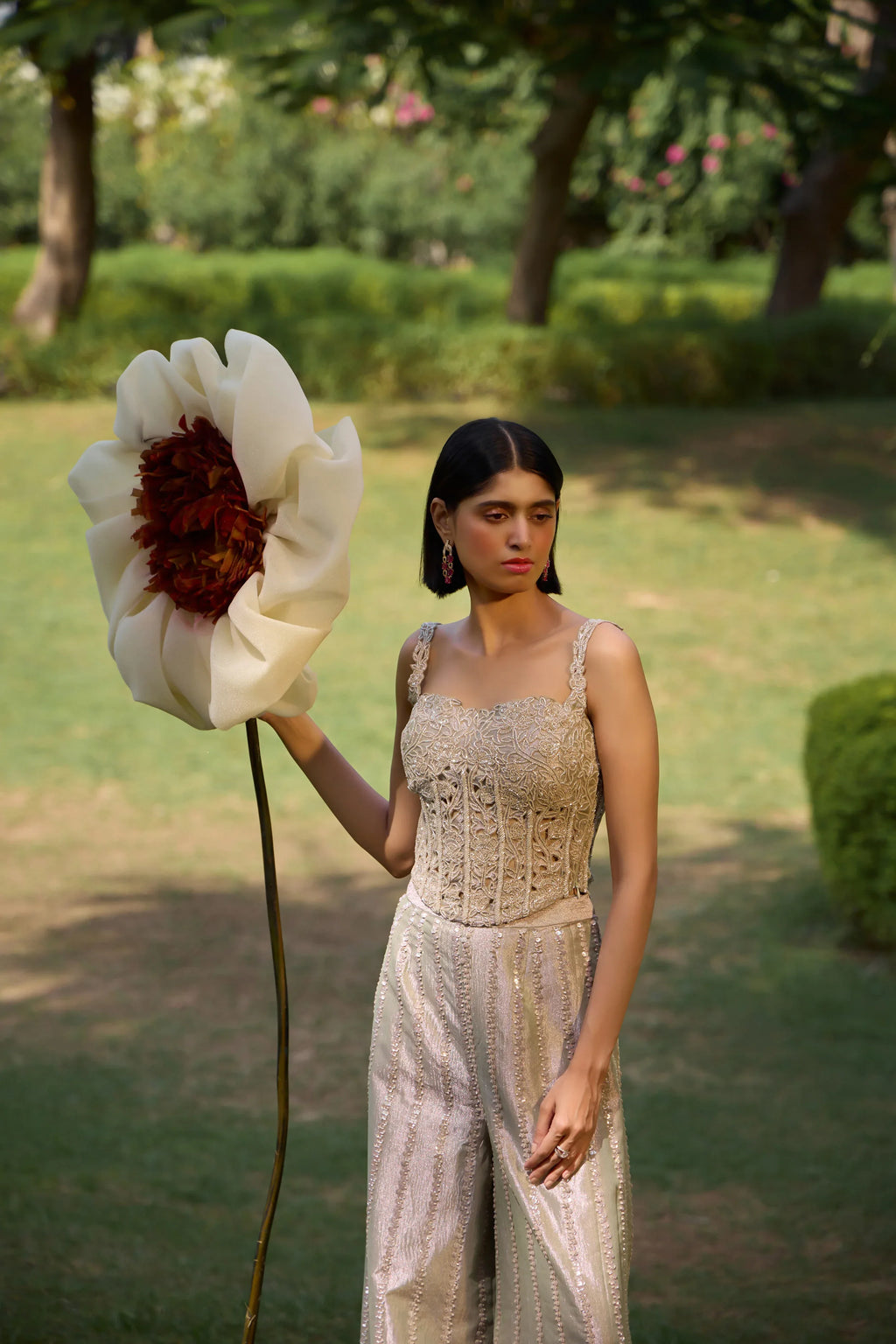 Sterling Silver Floral Cutwork Corset Pants Set - Radhika Soni