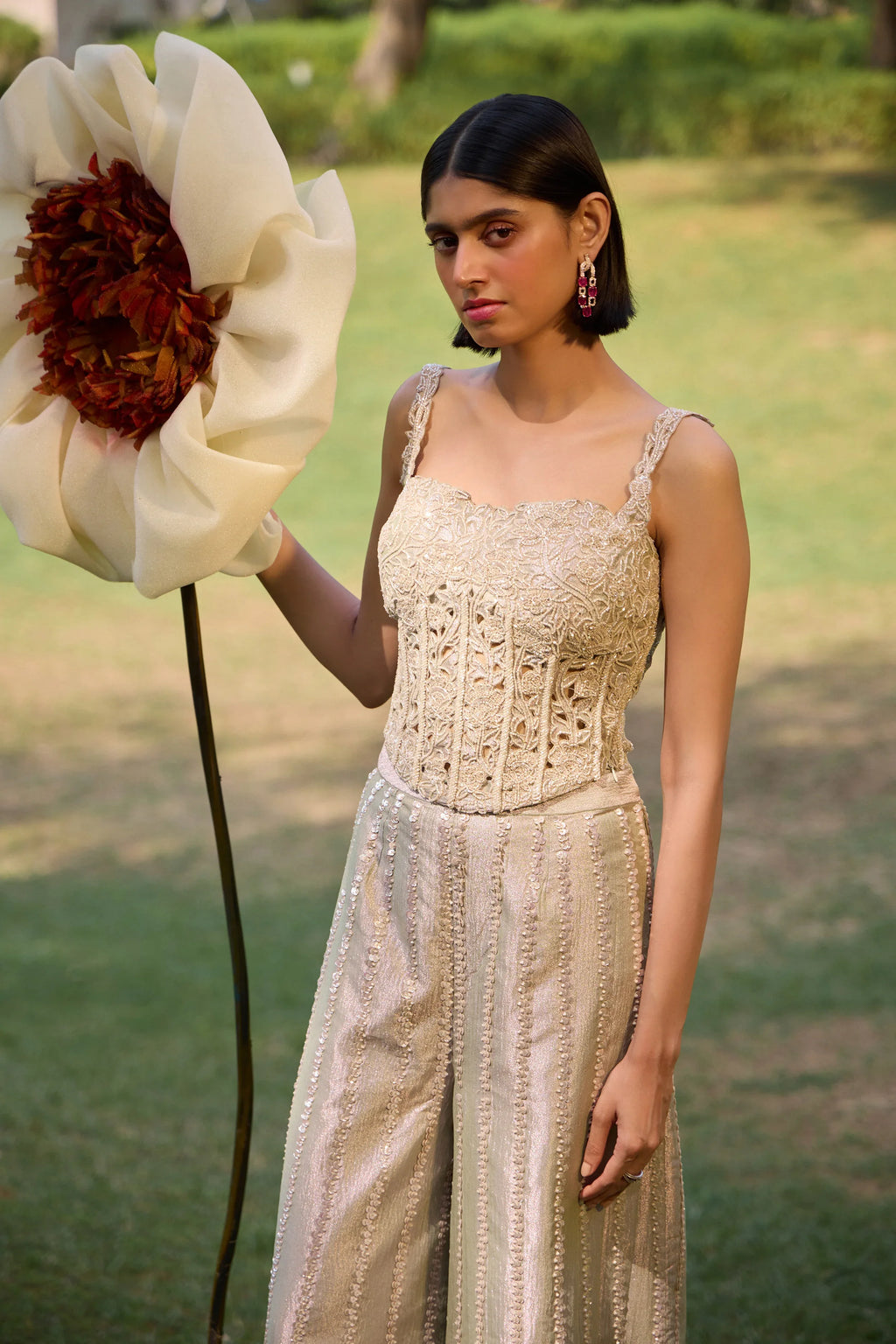 Sterling Silver Floral Cutwork Corset Pants Set - Radhika Soni