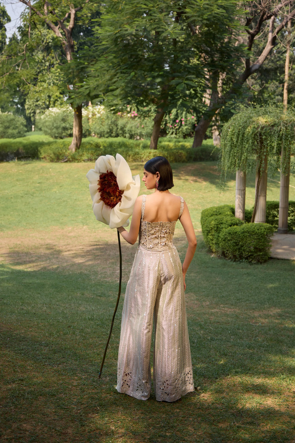 Sterling Silver Floral Cutwork Corset Pants Set - Radhika Soni