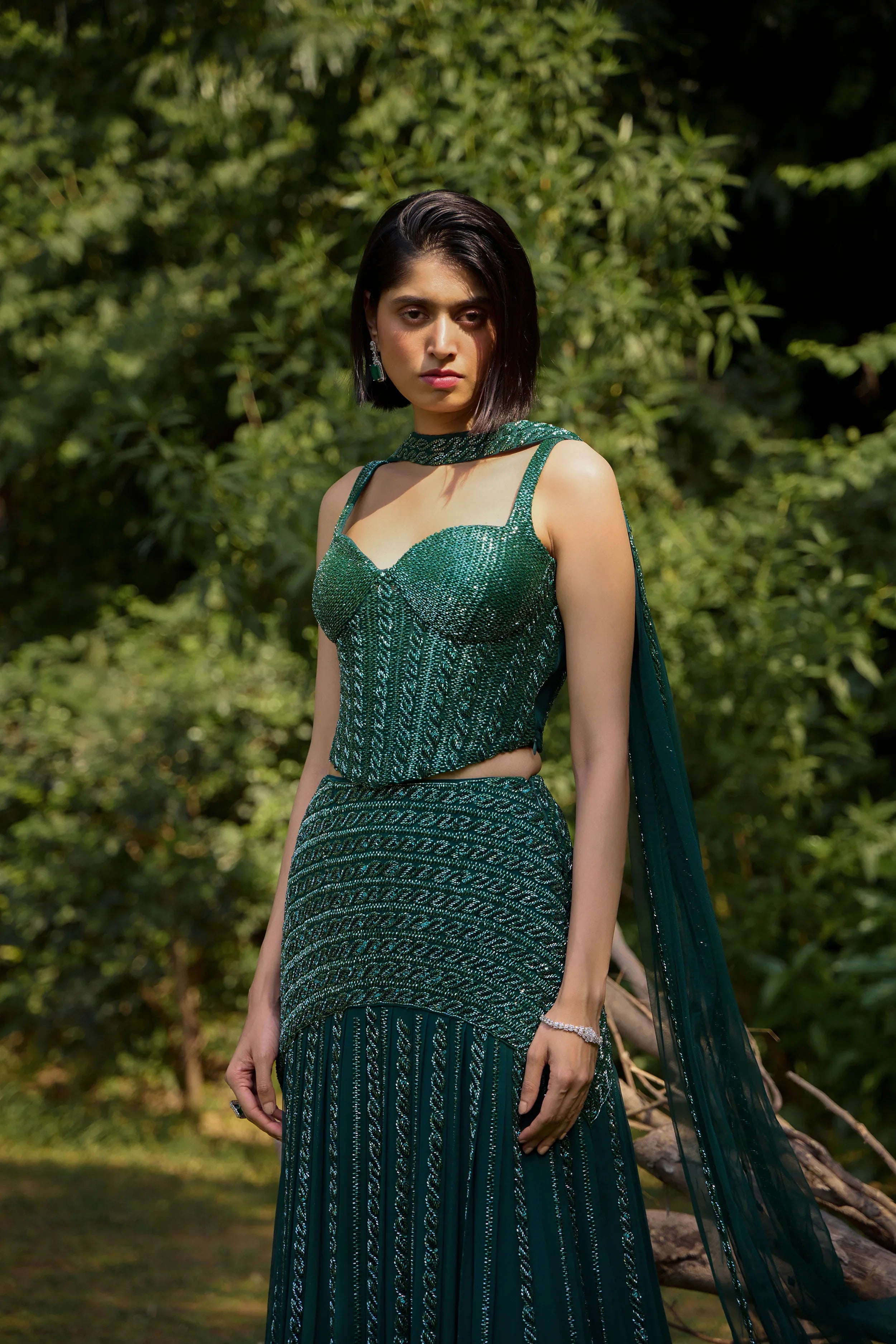 Emerald Green Corset Lehenga Set - Radhika Soni