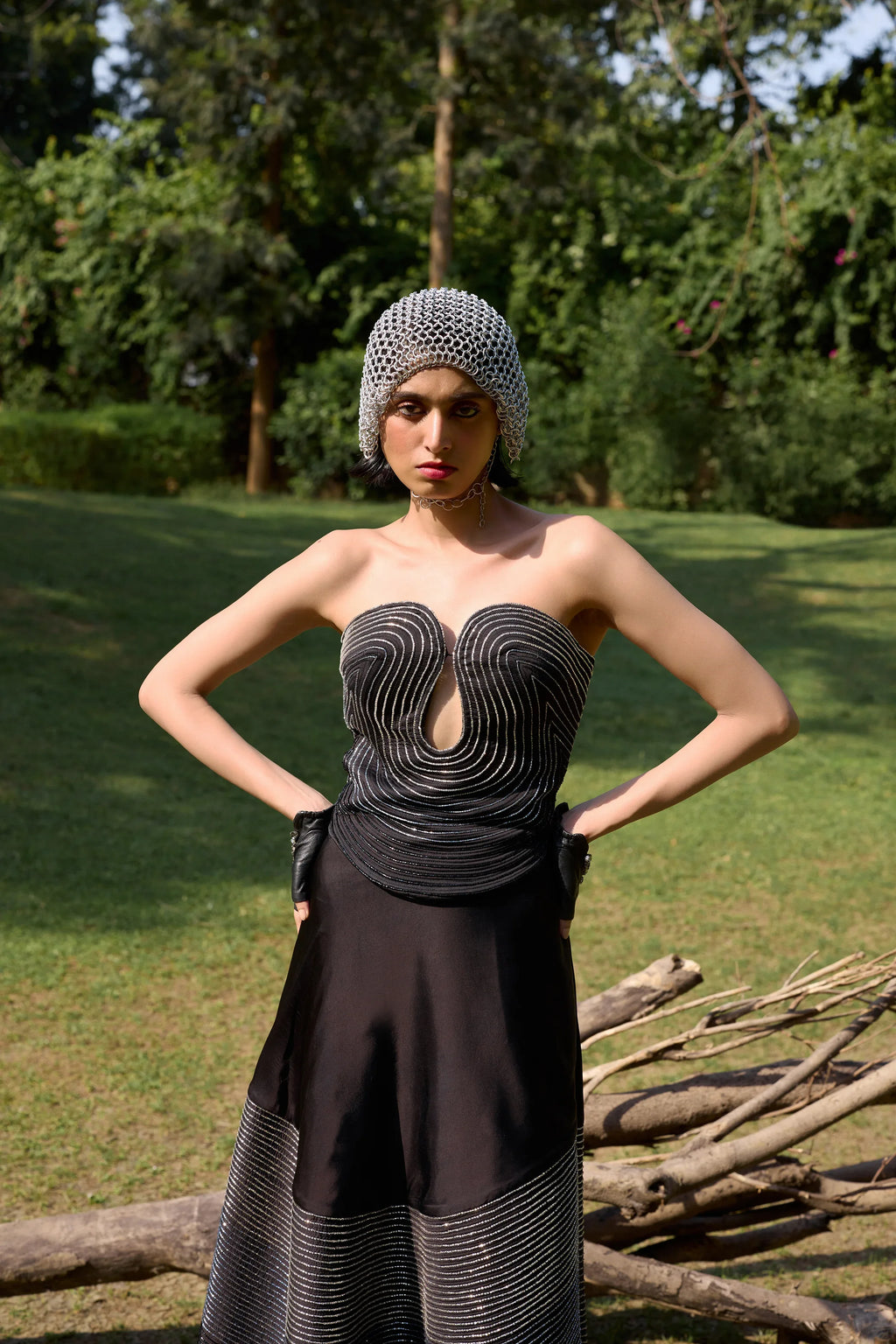 Black Onyxx & Corset Midi Skirt Set - Radhika Soni
