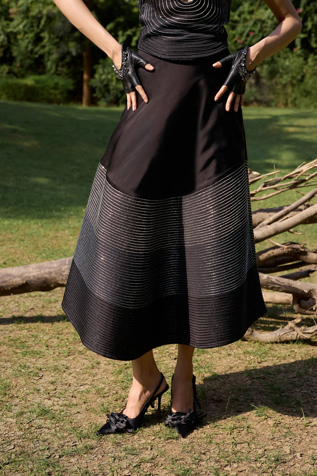Black Onyxx & Corset Midi Skirt Set - Radhika Soni