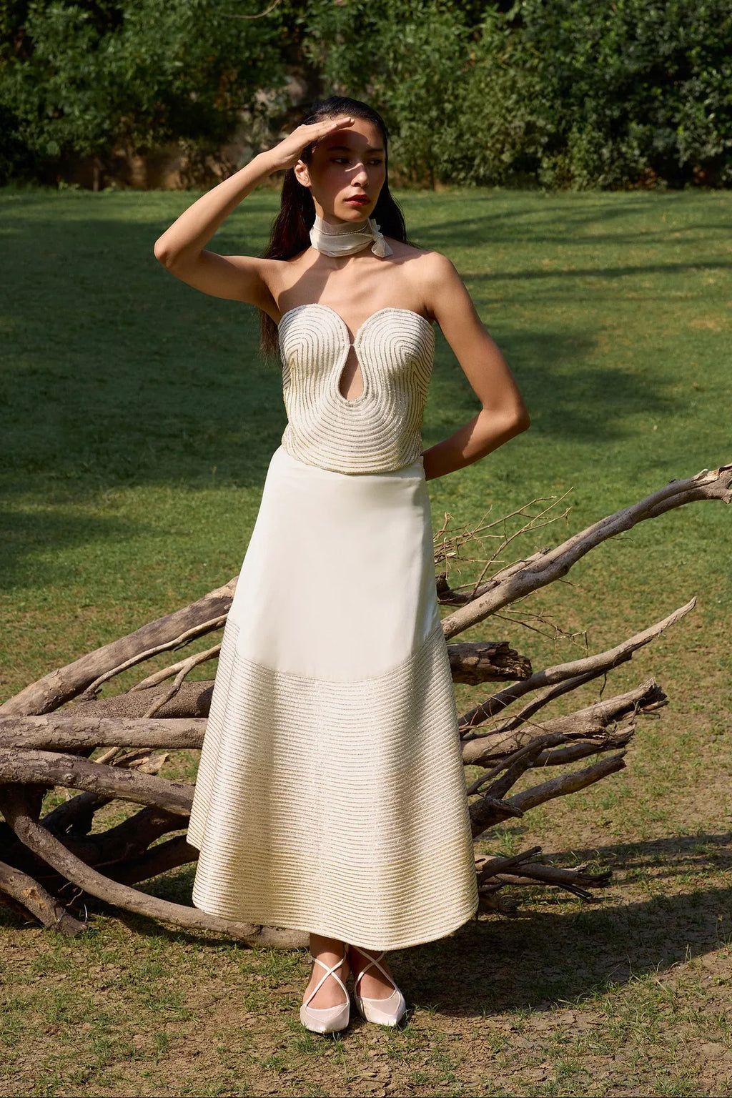 Ivory Onyxx & Corset Midi Skirt Set - Radhika Soni