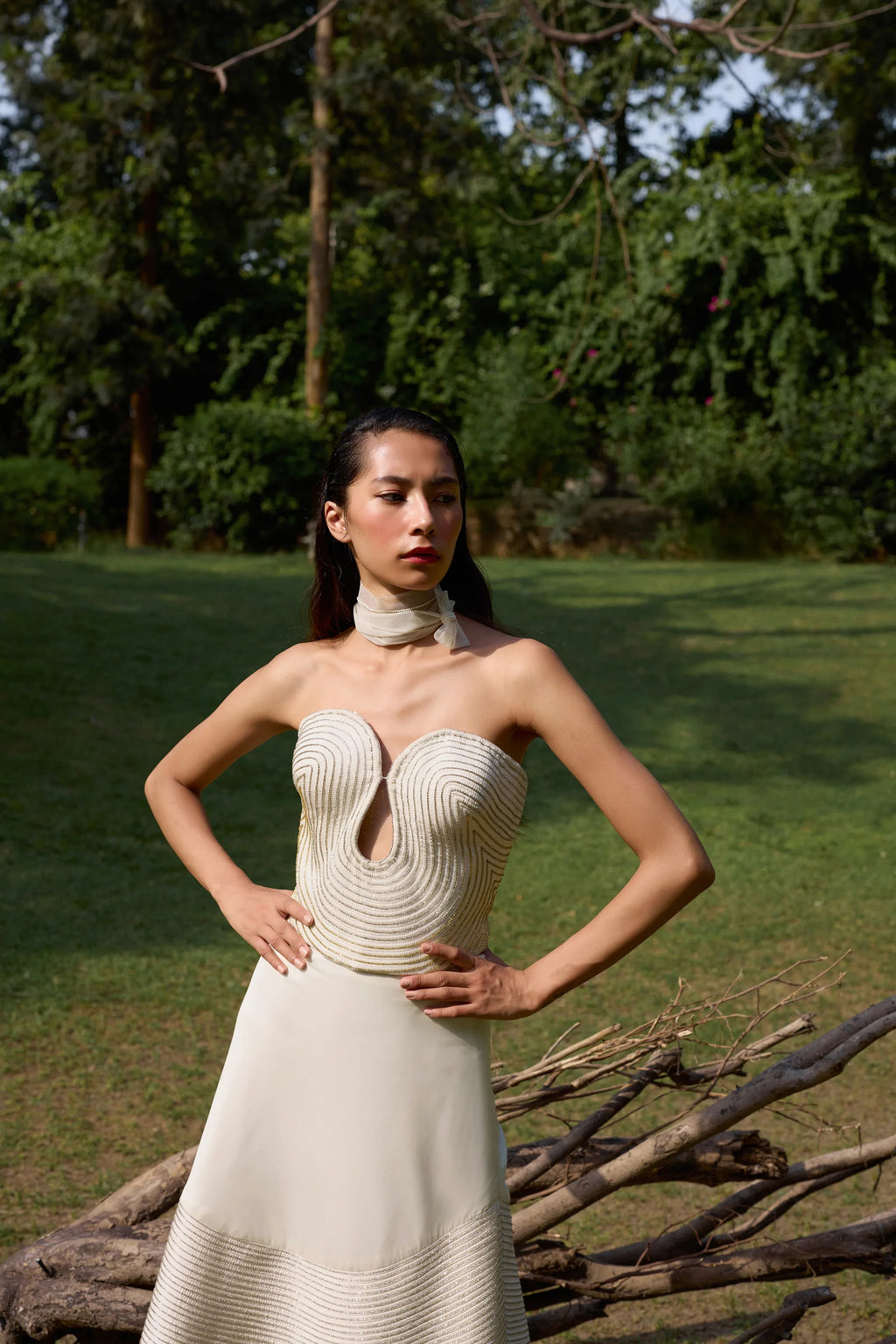 Ivory Onyxx & Corset Midi Skirt Set - Radhika Soni