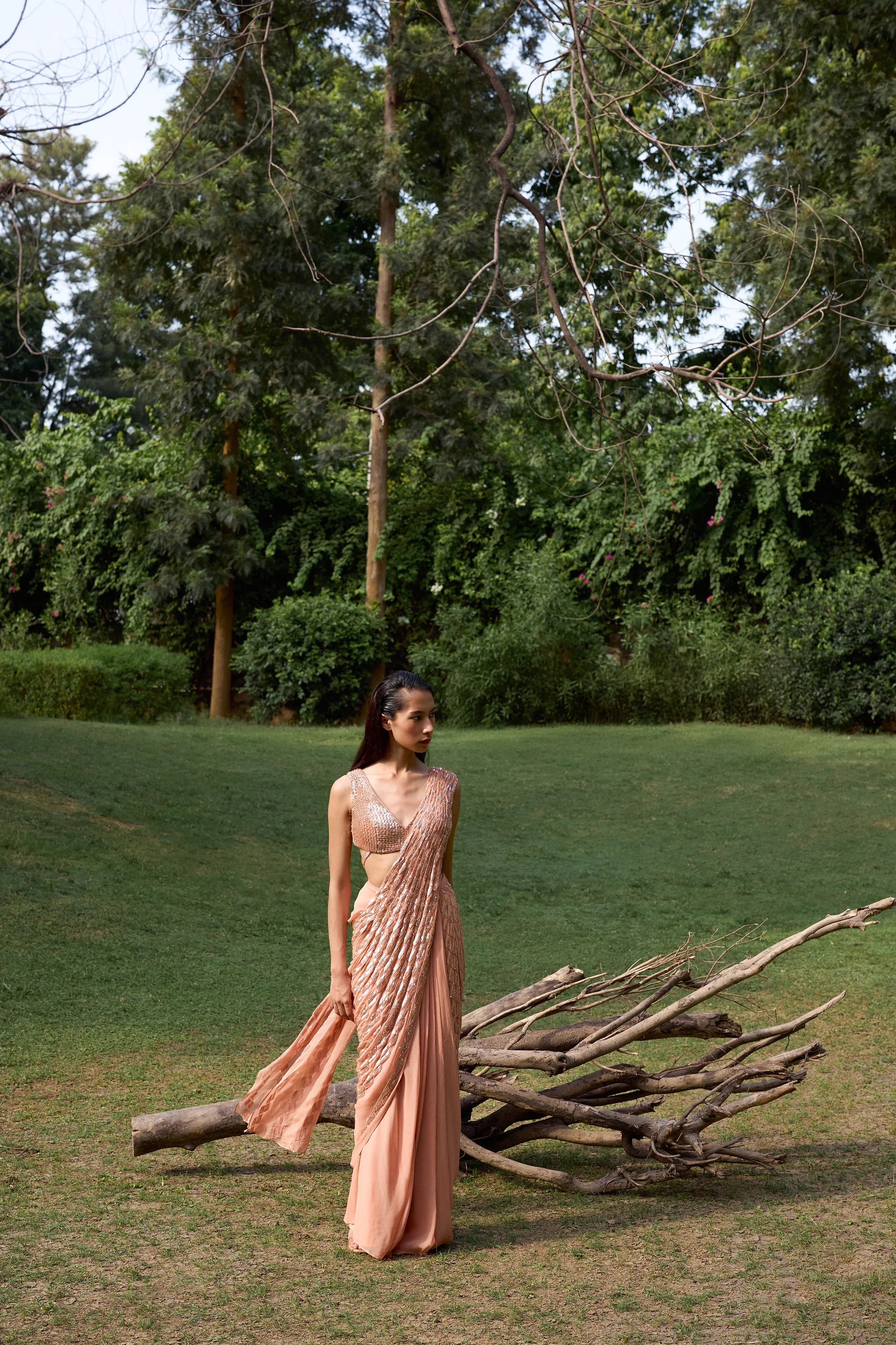 Dusty Orange Embellished Pre Draped Saree - Radhika Soni