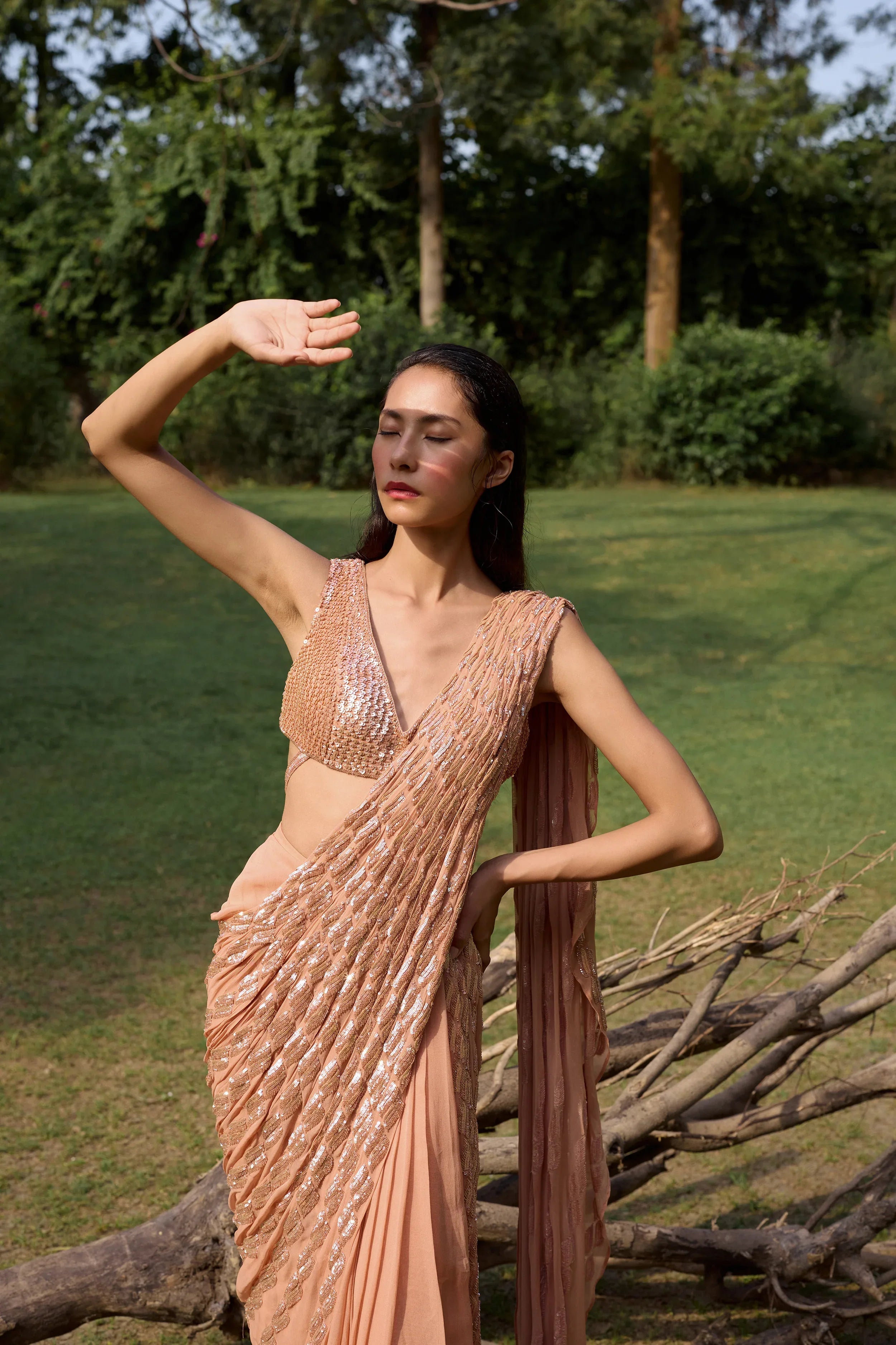 Dusty Orange Embellished Pre Draped Saree - Radhika Soni