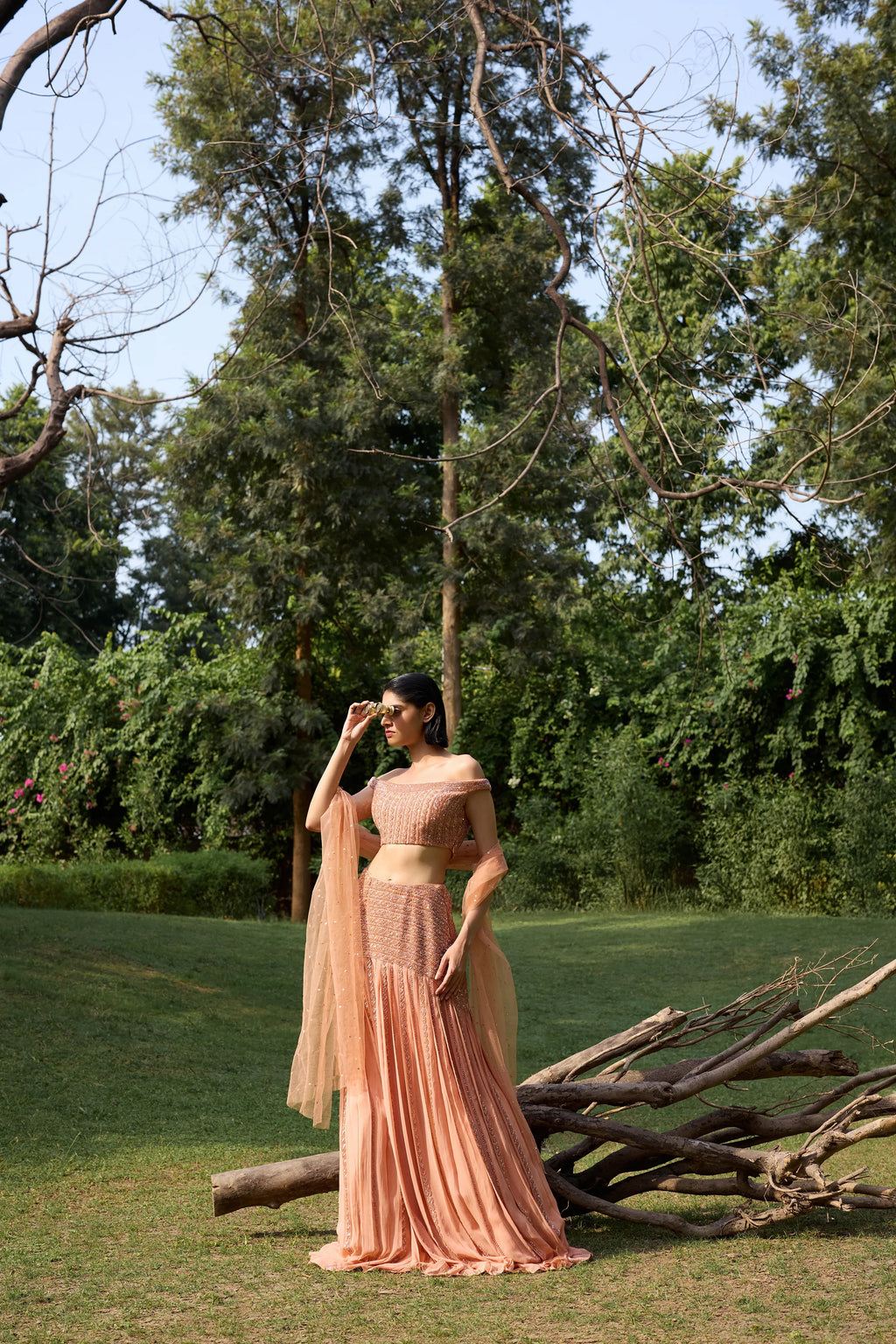 Dusty Orange Pleated Lehenga Set - Radhika Soni