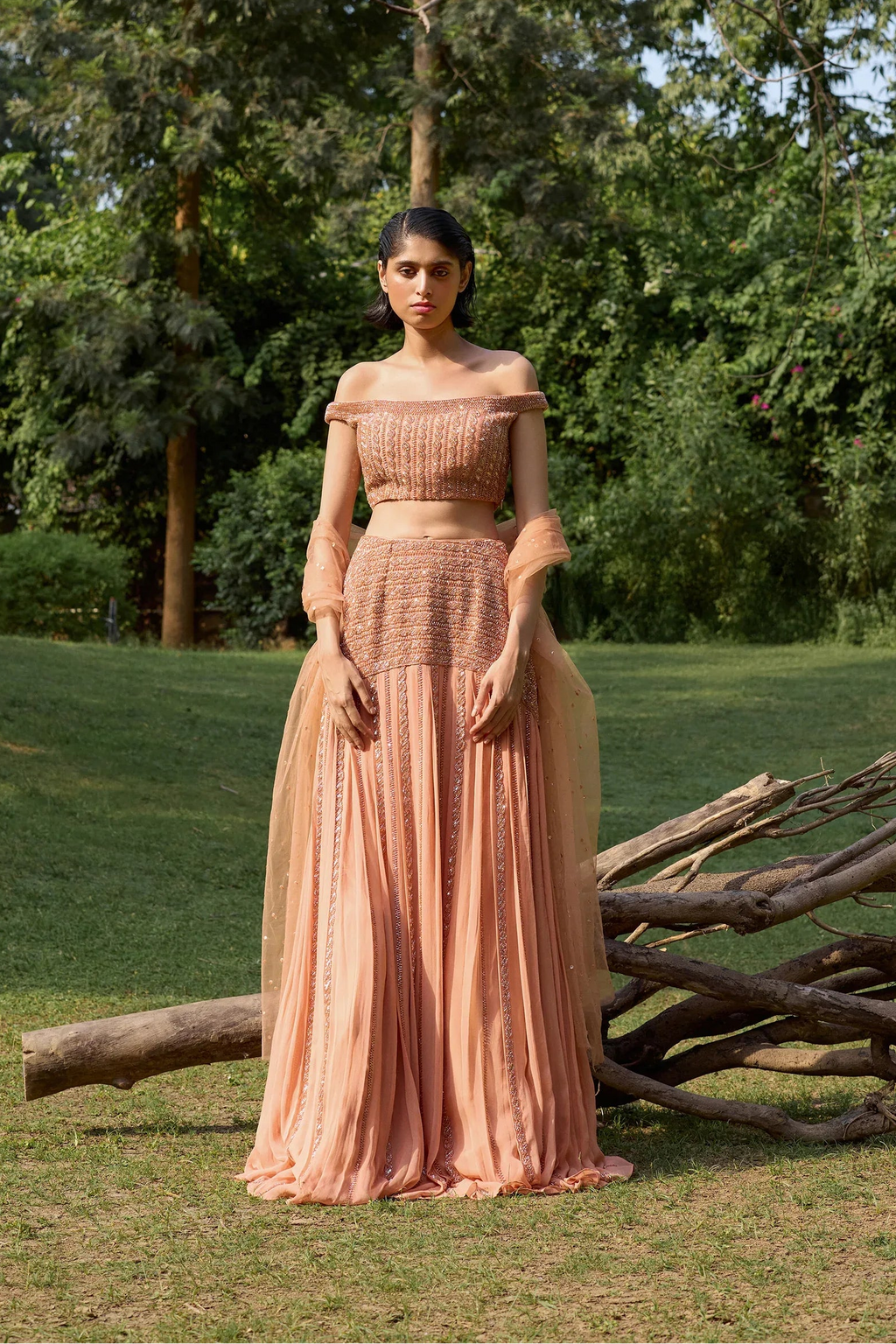 Dusty Orange Pleated Lehenga Set