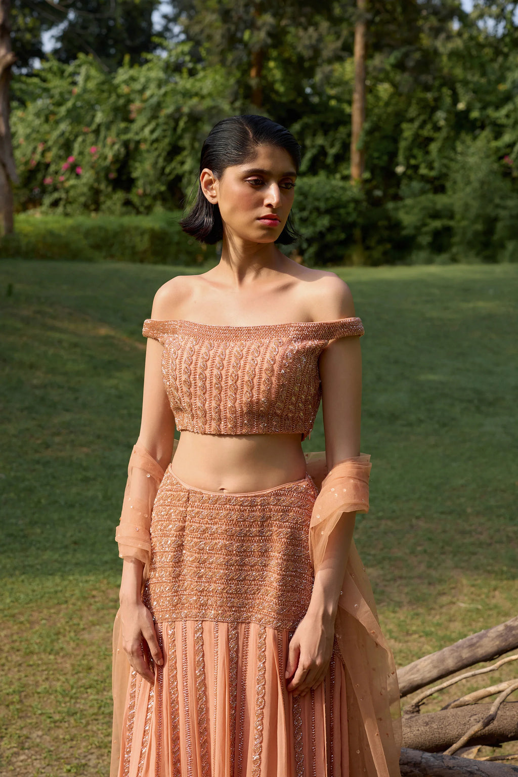 Dusty Orange Pleated Lehenga Set - Radhika Soni