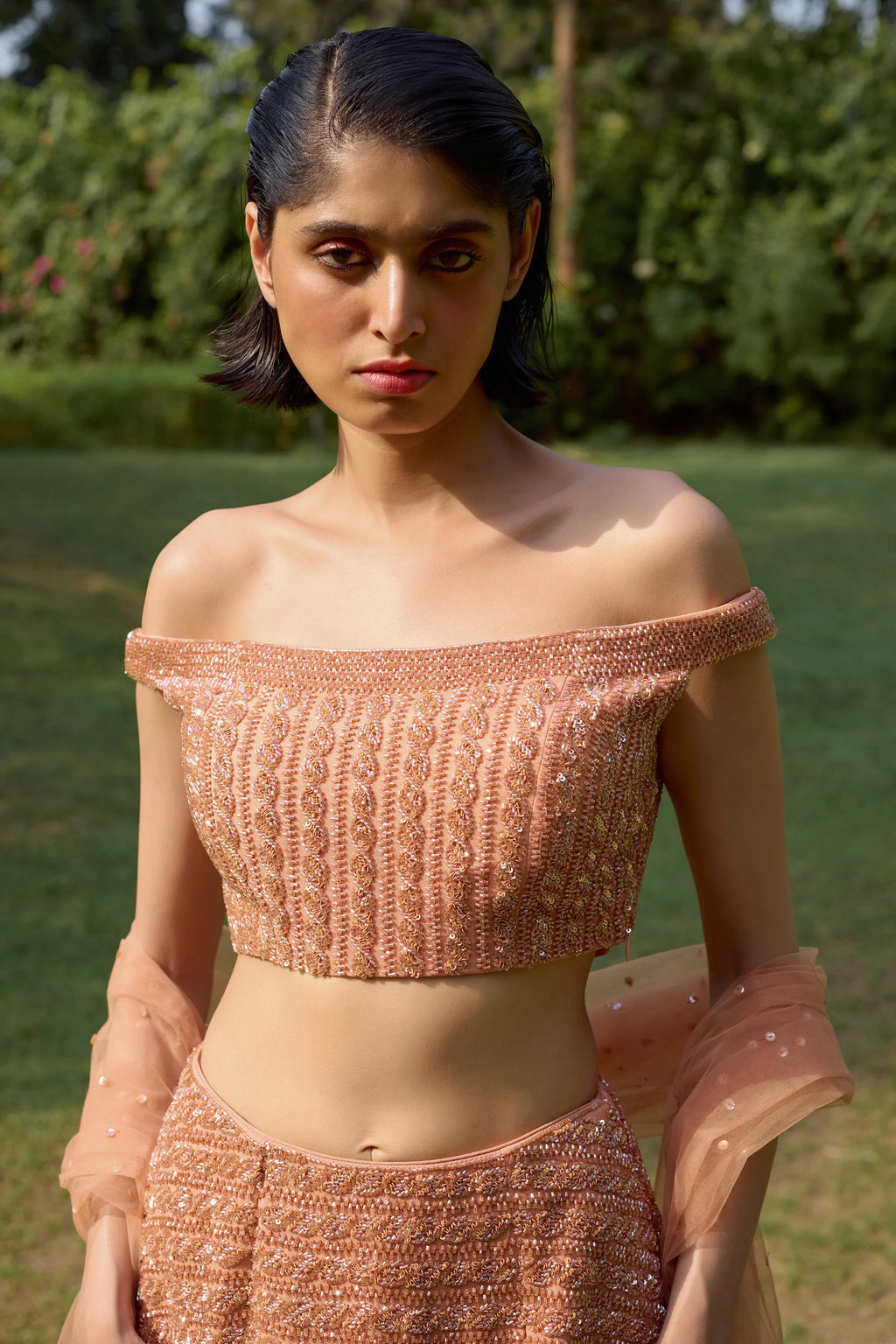 Dusty Orange Pleated Lehenga Set - Radhika Soni