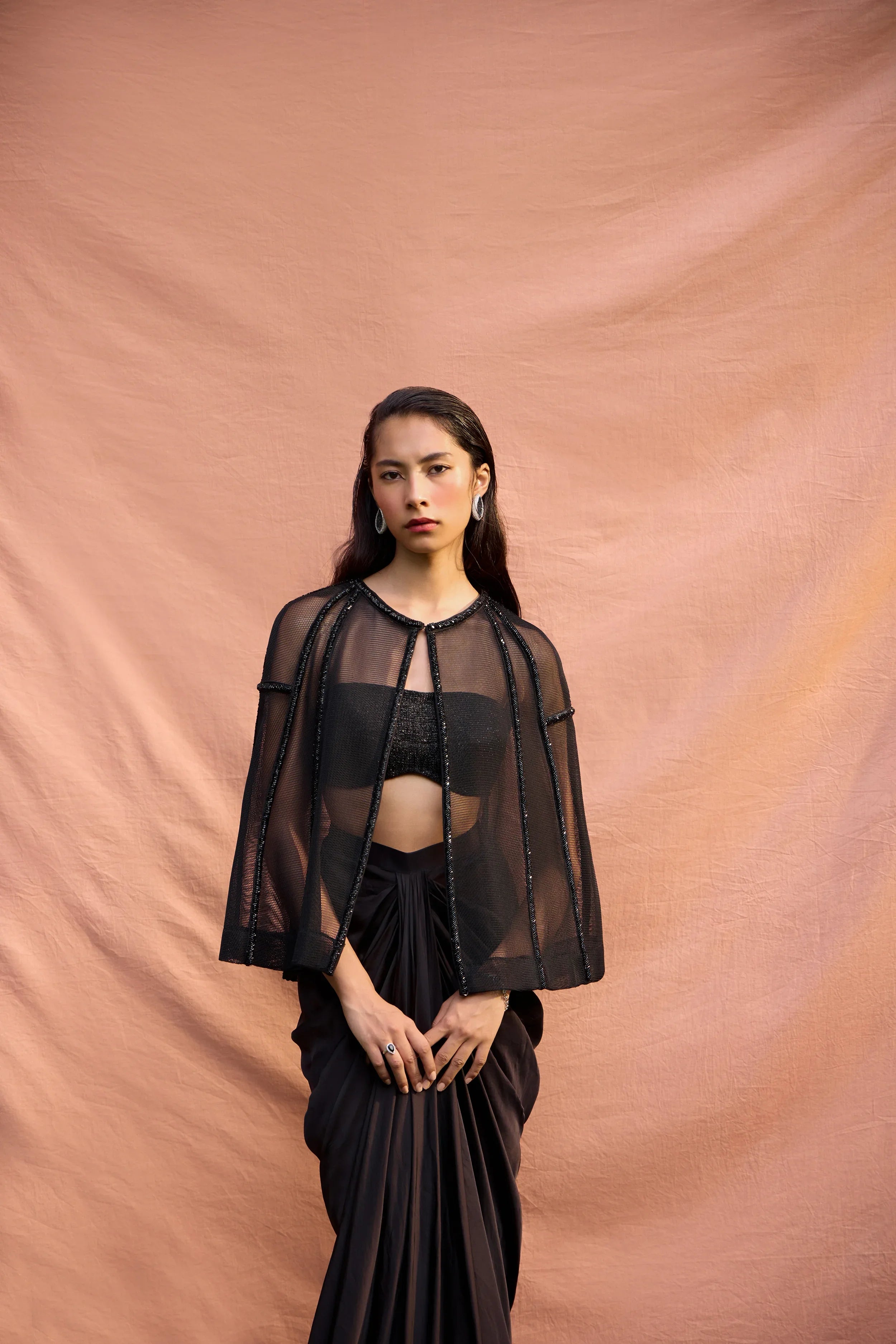 Onyx Mesh Cape Skirt Set - Radhika Soni