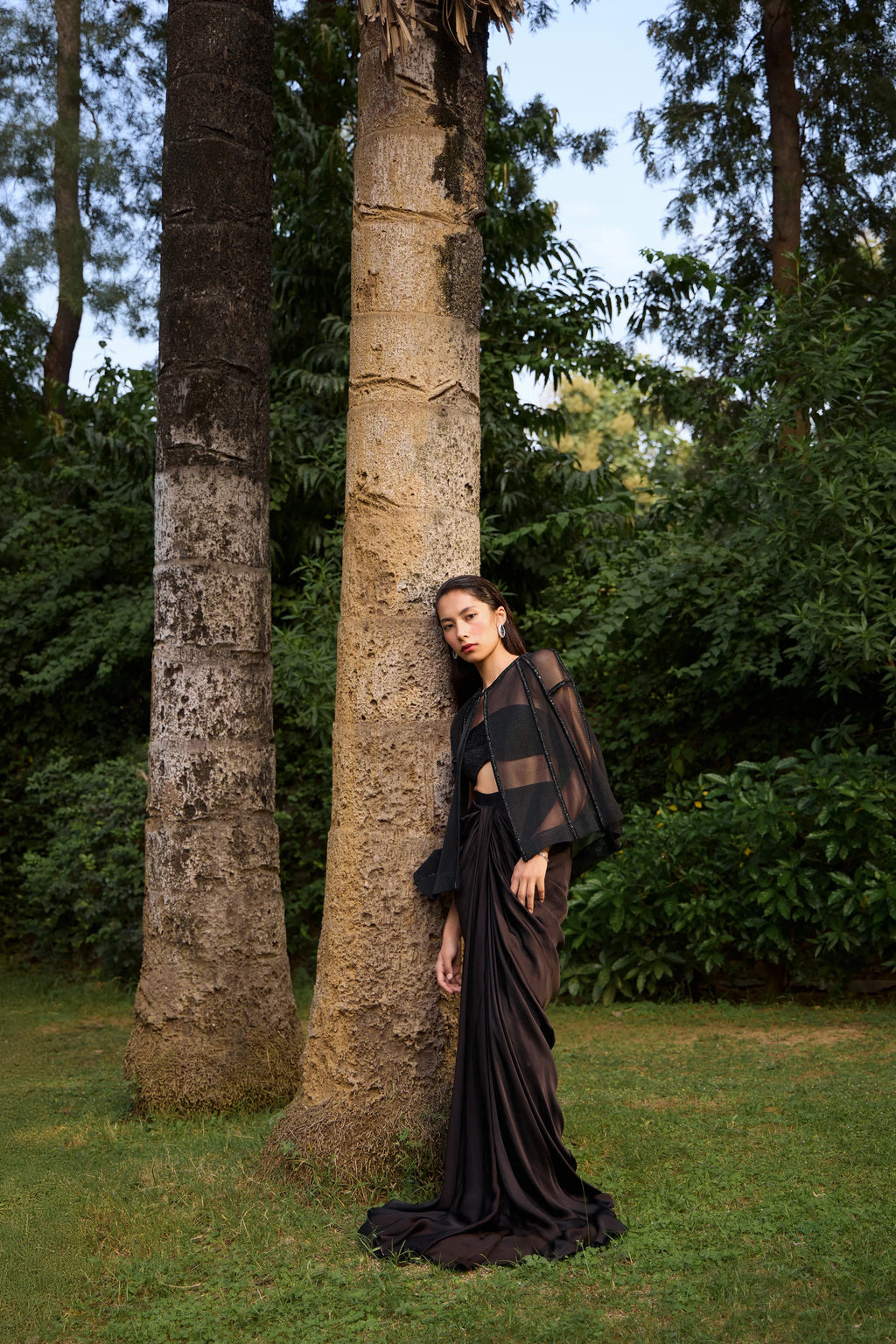 Onyx Mesh Cape Skirt Set - Radhika Soni