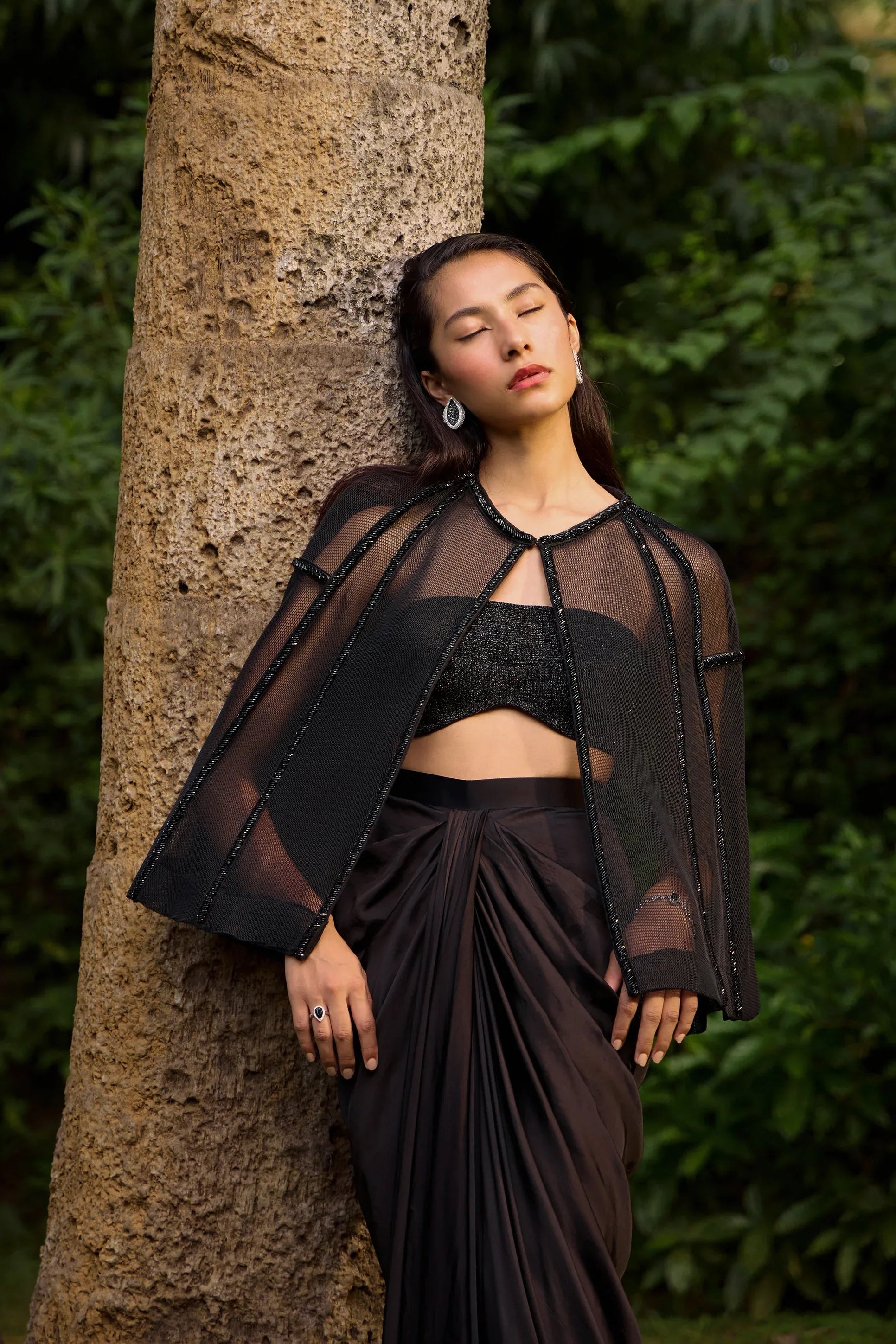 Onyx Mesh Cape Skirt Set - Radhika Soni