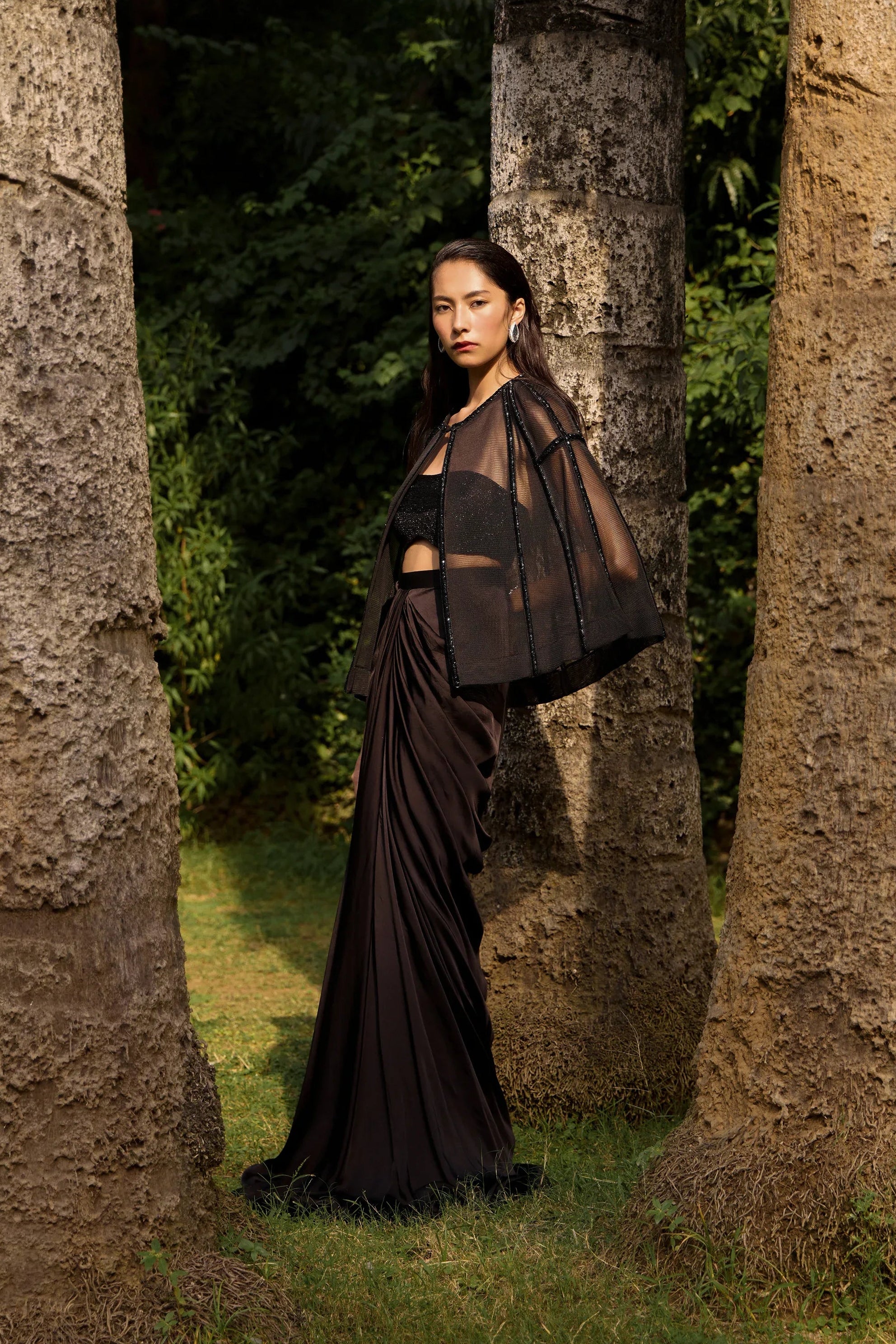 Onyx Mesh Cape Skirt Set - Radhika Soni