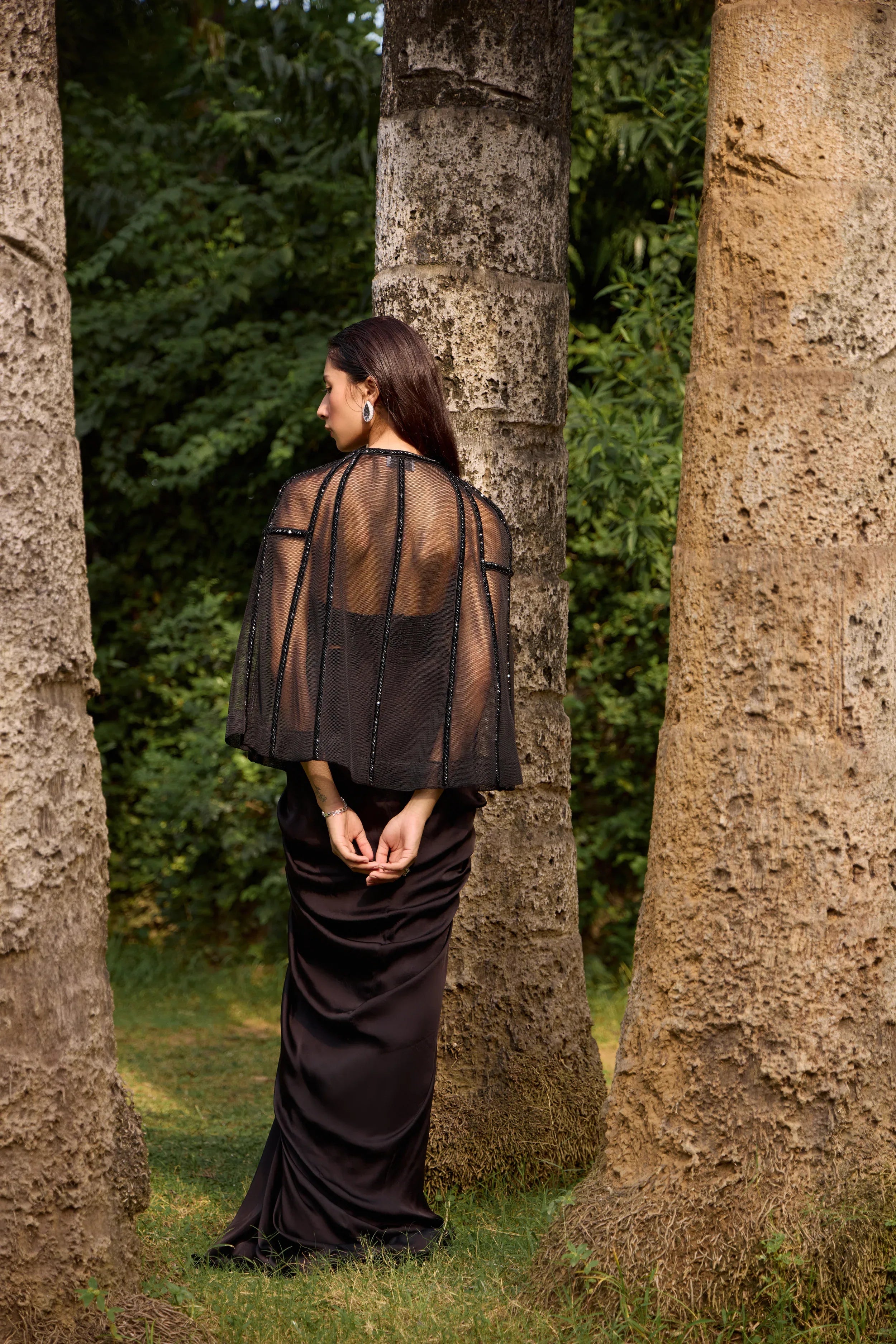 Onyx Mesh Cape Skirt Set - Radhika Soni